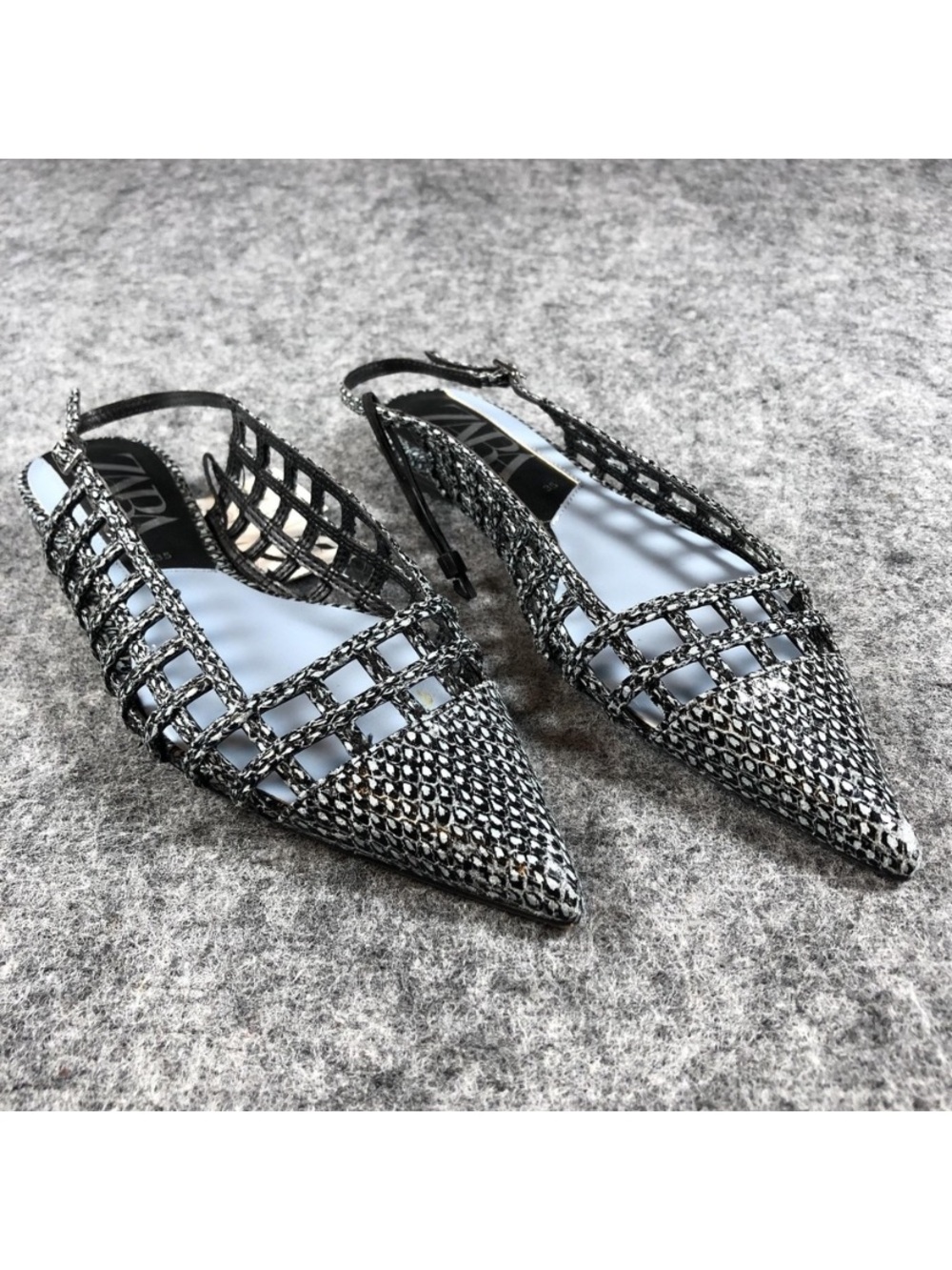 Zara Snake Skin Cage Pointed Slingback Flats
